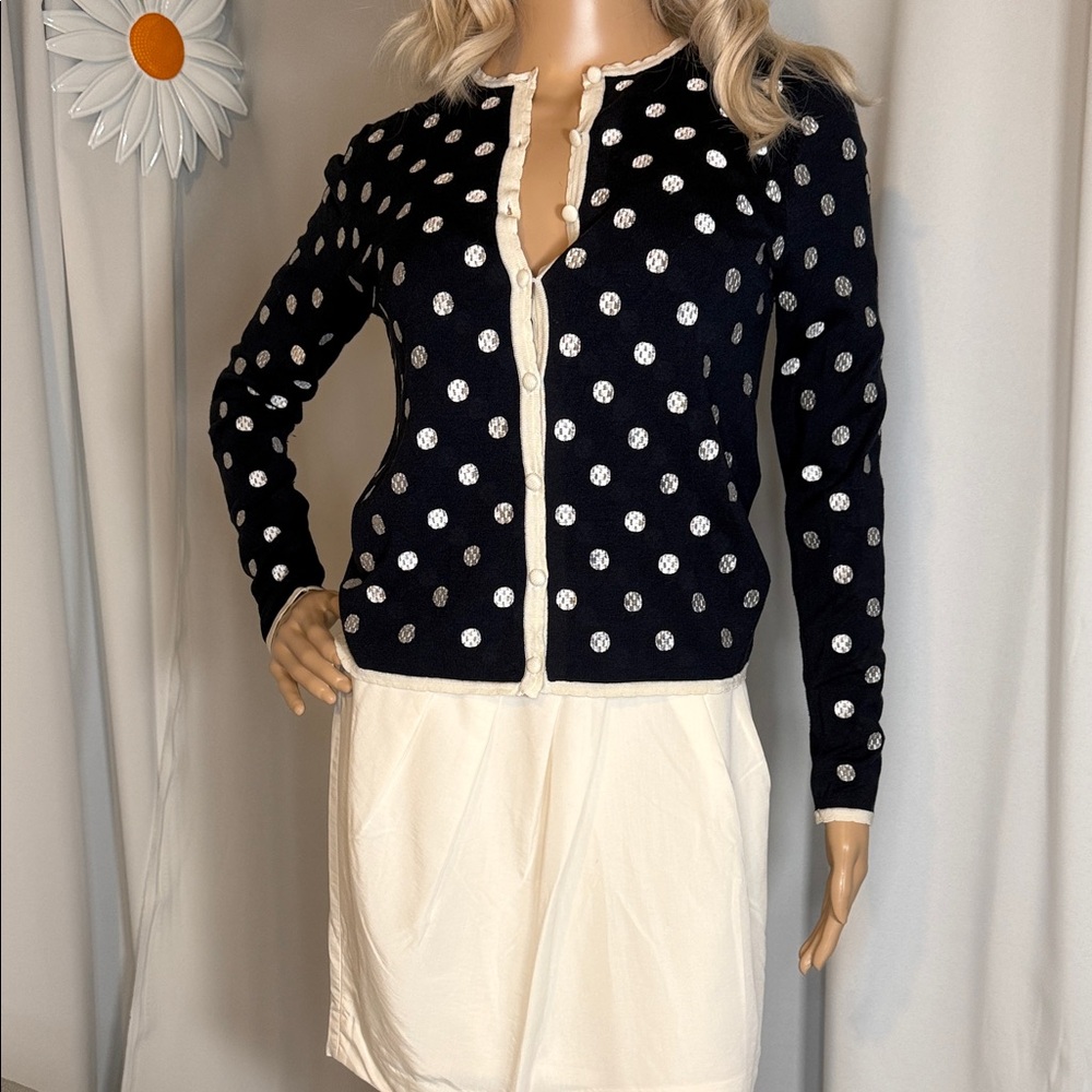 Navy Polka Dot Crewneck Cardigan Sweater - Off White Trim, Women’s Size SP